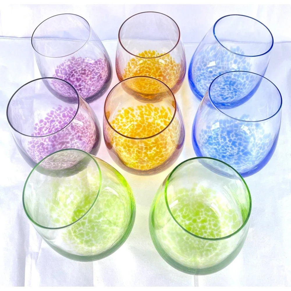 Art Glass Stemless Wine Glasses Set 8 Multicolor‎ Hand Blown Style 13 Oz